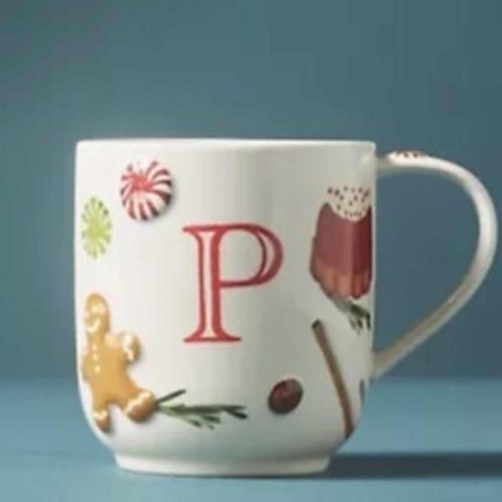 NWT Anthropologie HOLIFAYE Christmas Holiday MONOGRAM MUG Letter P - Picture 1 of 2